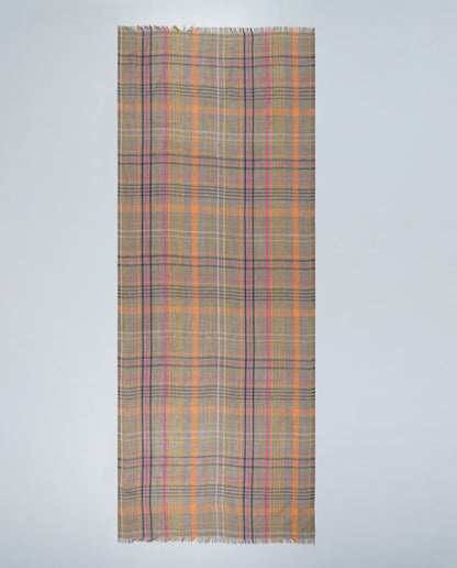 Checks and Stripes Wool Silk Wrap - Brown Orange
