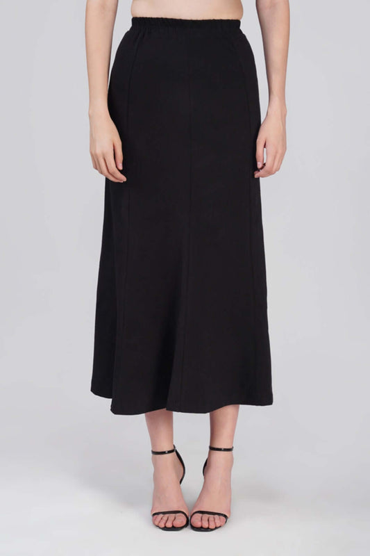 FnW Maria Godet Midi Skirt Jet Black Pure Cotton Jersey Sculpted Silhouette feathernweave