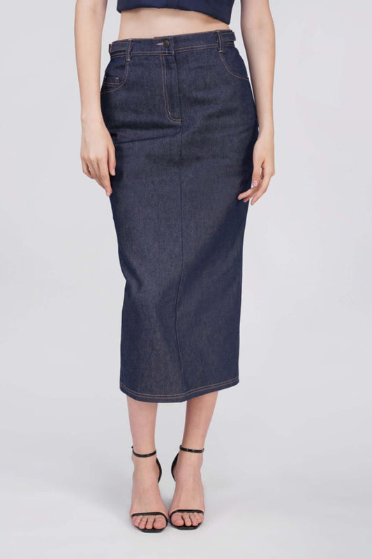 Ciara Skirt Classic Blue Cotton Denim Structured Midi Silhouette feathernweave FnW