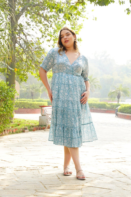 Ira cotton midi dress – wrap V-neck front view