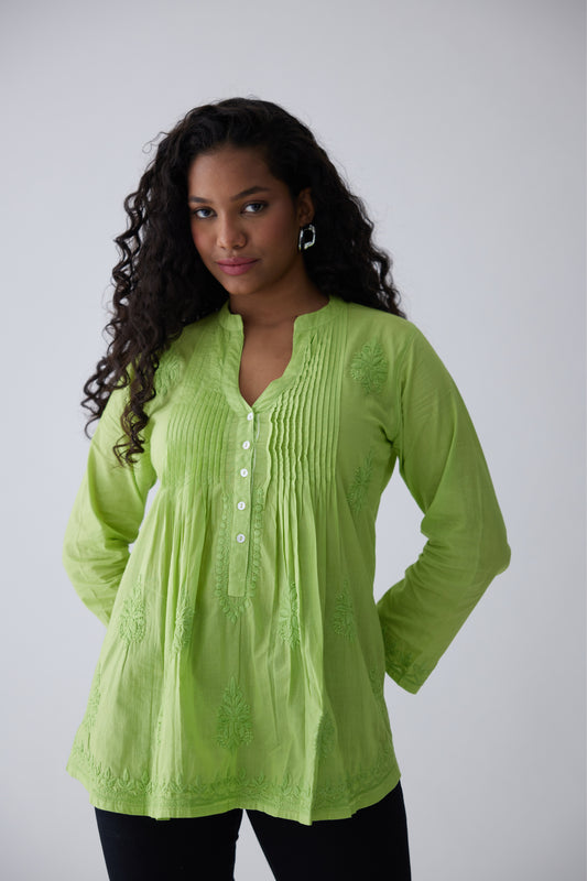 Camilla Cotton Full Sleeves Top - Green
