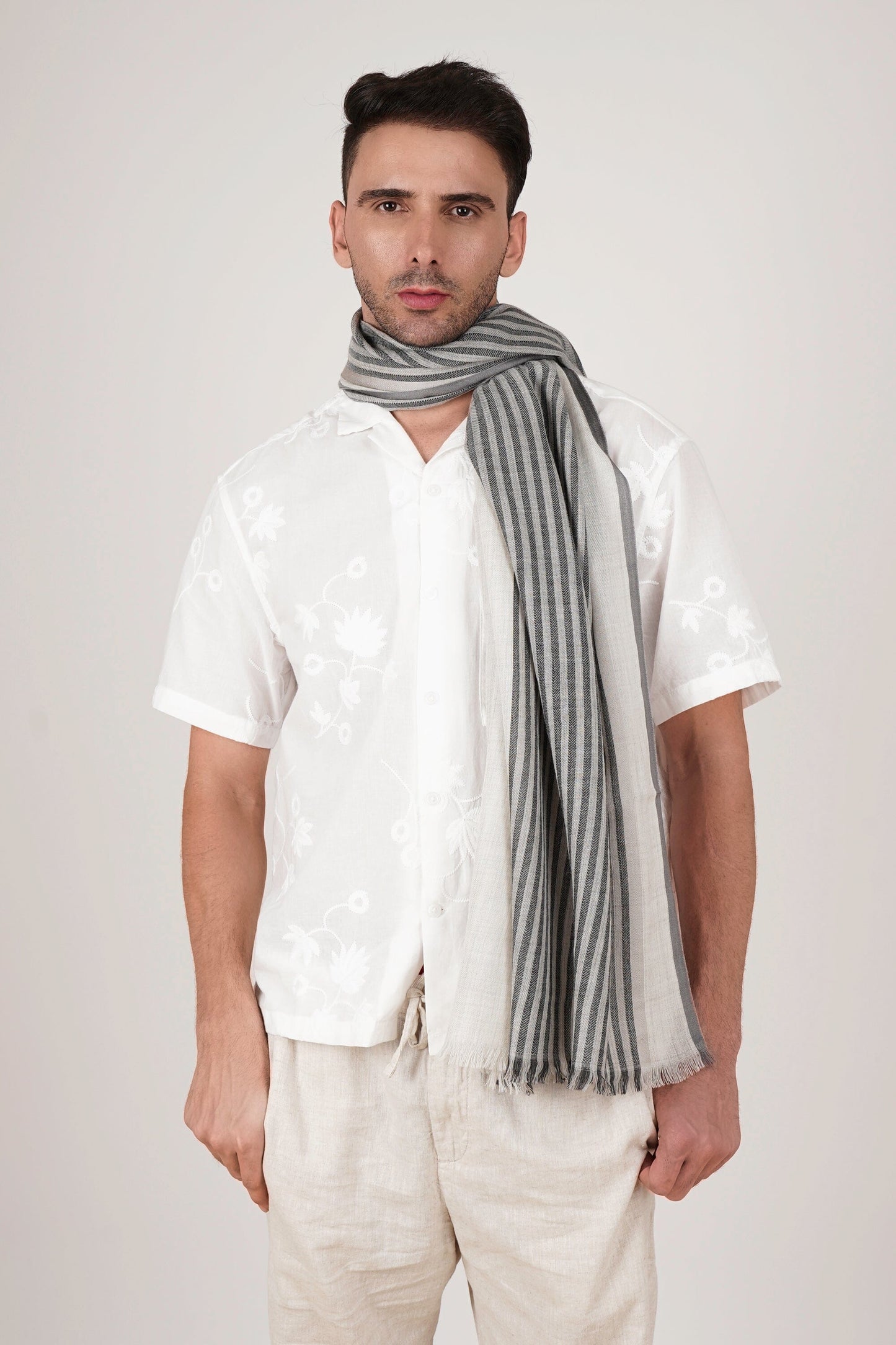 Checks and Stripes Wool Wrap - Grey Black