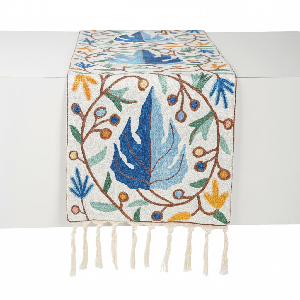 FnW Petalique Table Runner Hand Embroidered Silk Thread Table Runner Artisanal Dining Luxury feathernweave FnW