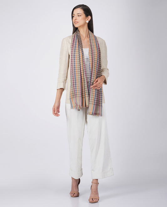 Checks and Stripes Wool Wrap - Brown Grey