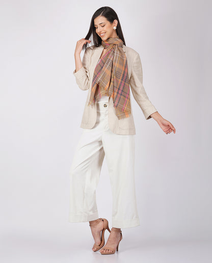 Checks and Stripes Wool Silk Wrap - Brown Orange