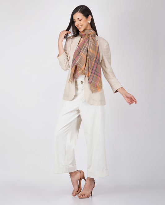 Checks and Stripes Wool Silk Wrap - Brown Orange