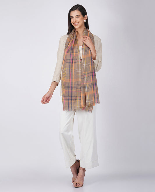 Checks and Stripes Wool Silk Wrap - Brown Orange