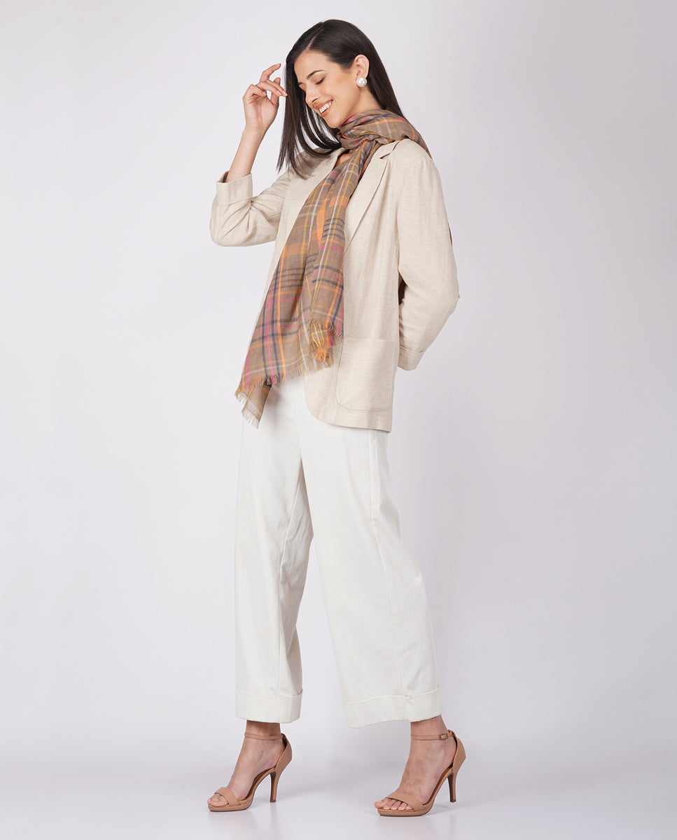 Checks and Stripes Wool Silk Wrap - Brown Orange