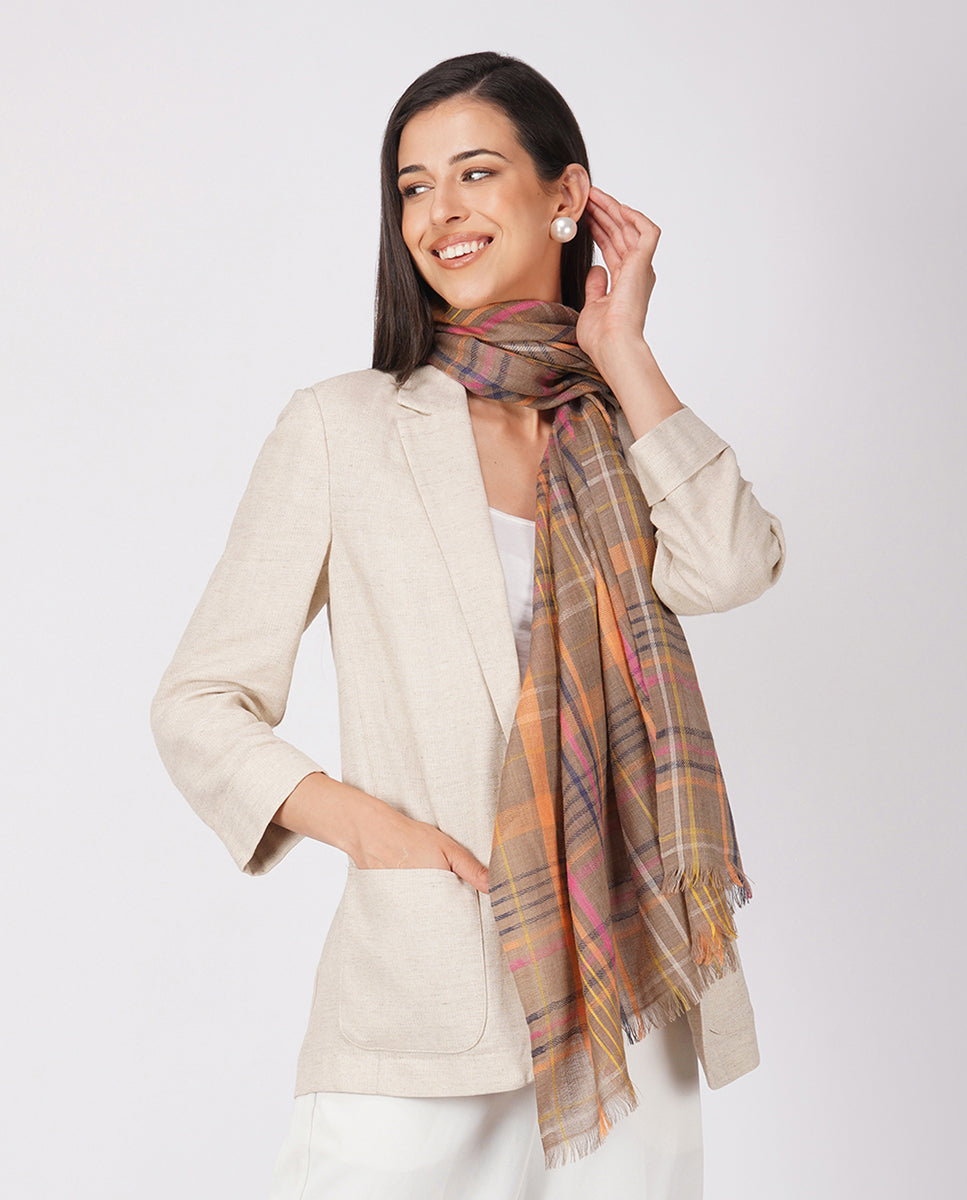 Checks and Stripes Wool Silk Wrap - Brown Orange
